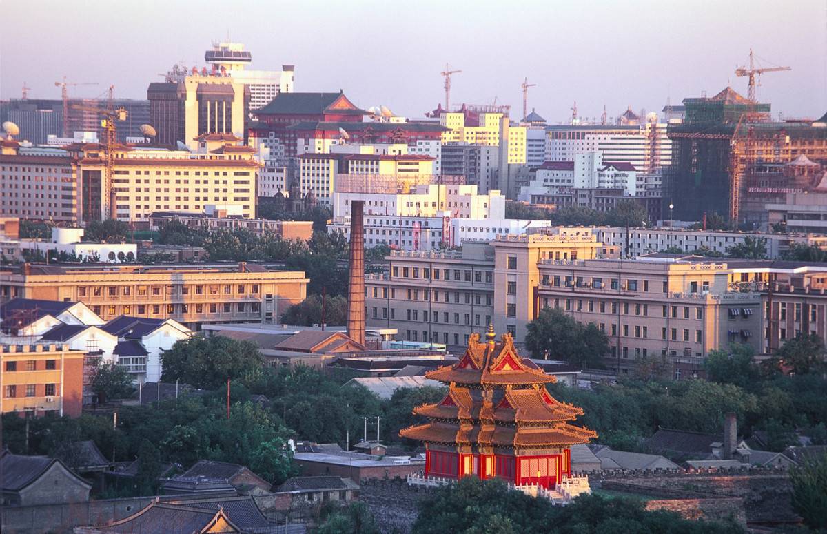 Corner tower of the Forbidden City with surrounding buildings, Beijing