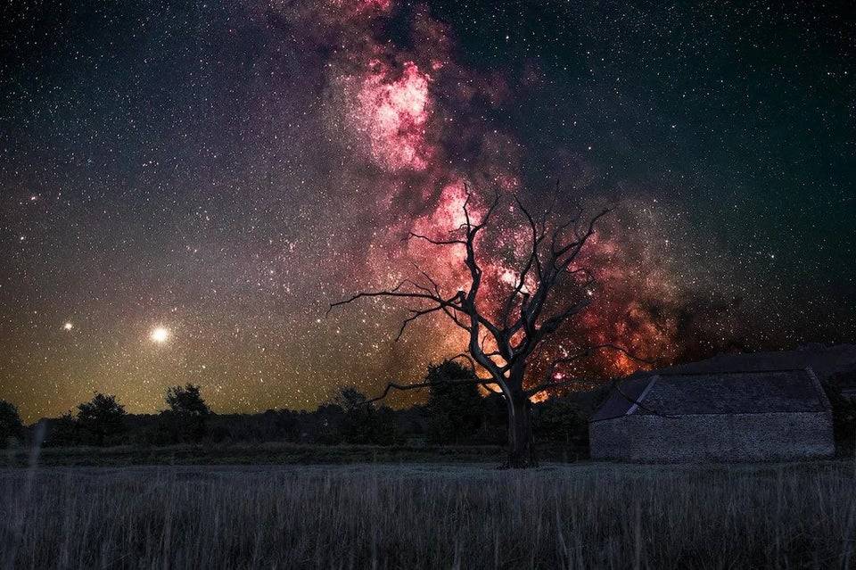 a picture of the milky way over a field