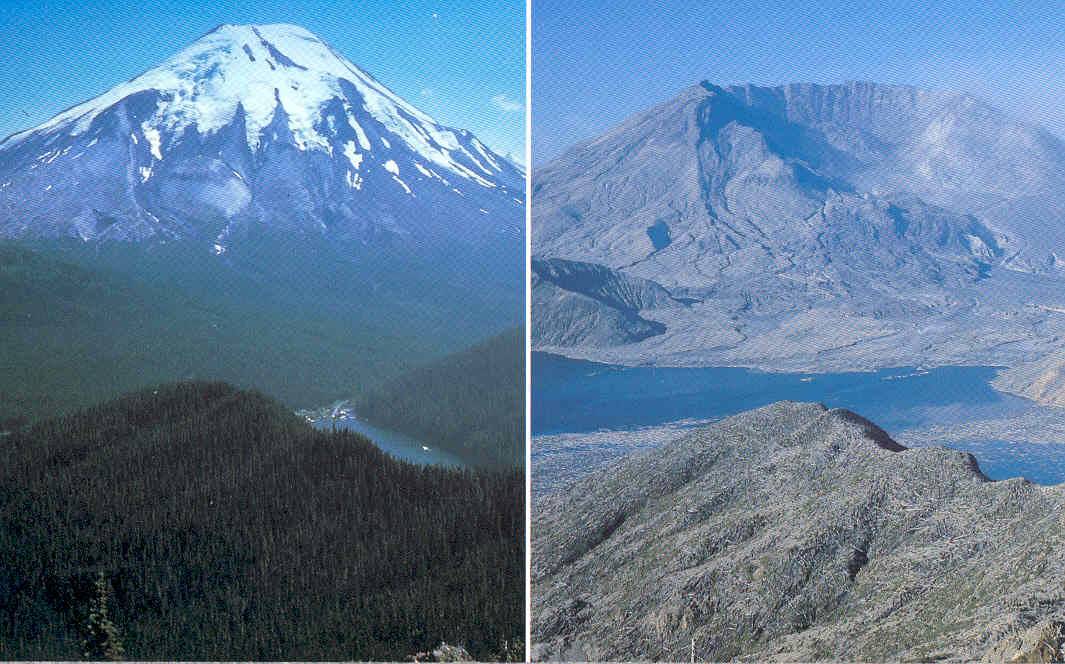 mount st. helens before (full mountain) and after (collapsed look) eruption in 1980
