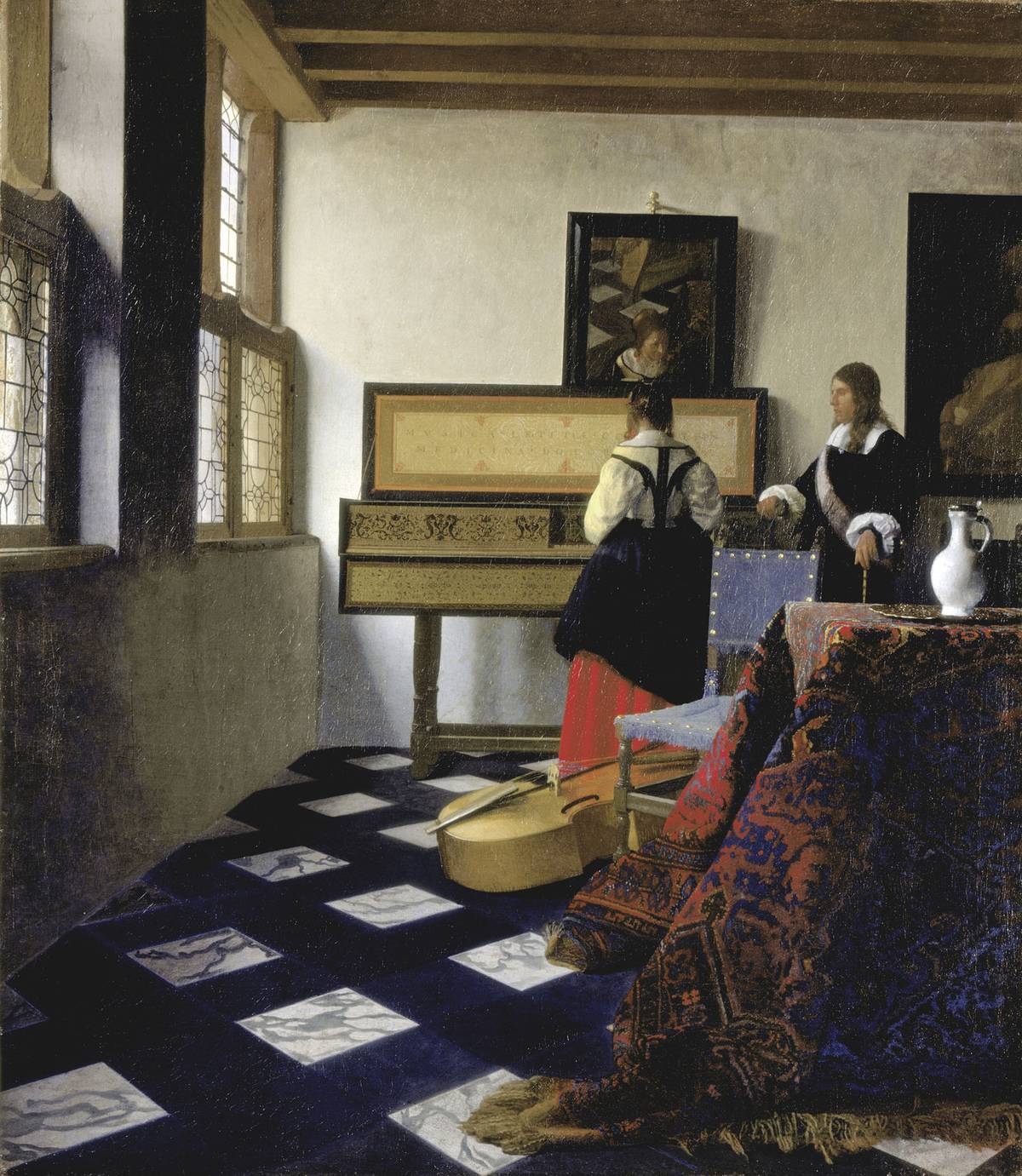The Music Lesson painting shows a woman practicing the piano with her instructor nearby.