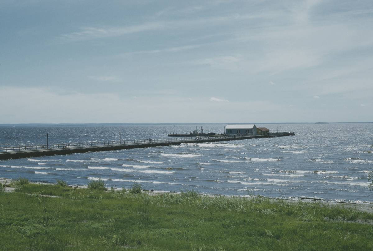 A boathouse on a jetty on Lake Superior, Ontario