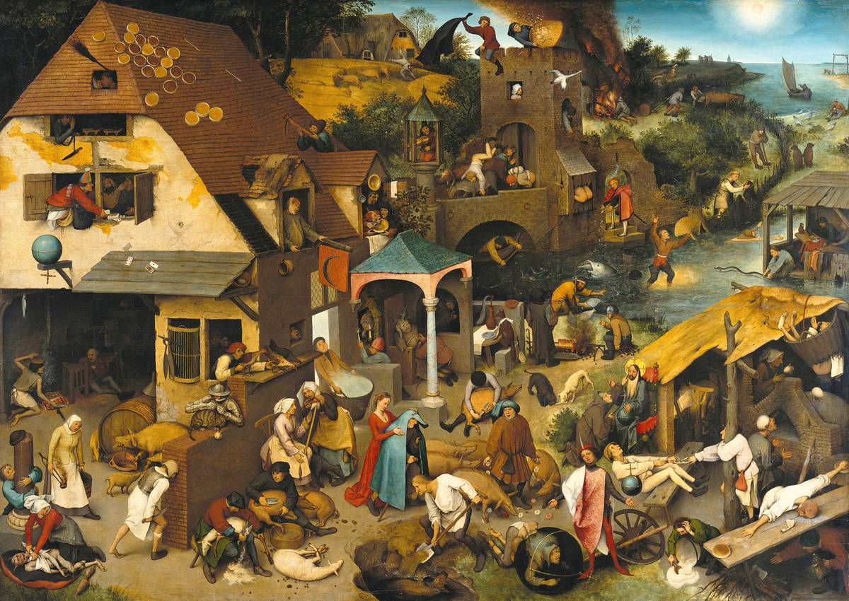 The painting Netherlandish Proverbs has many people, houses, and rivers depicting Dutch idioms.