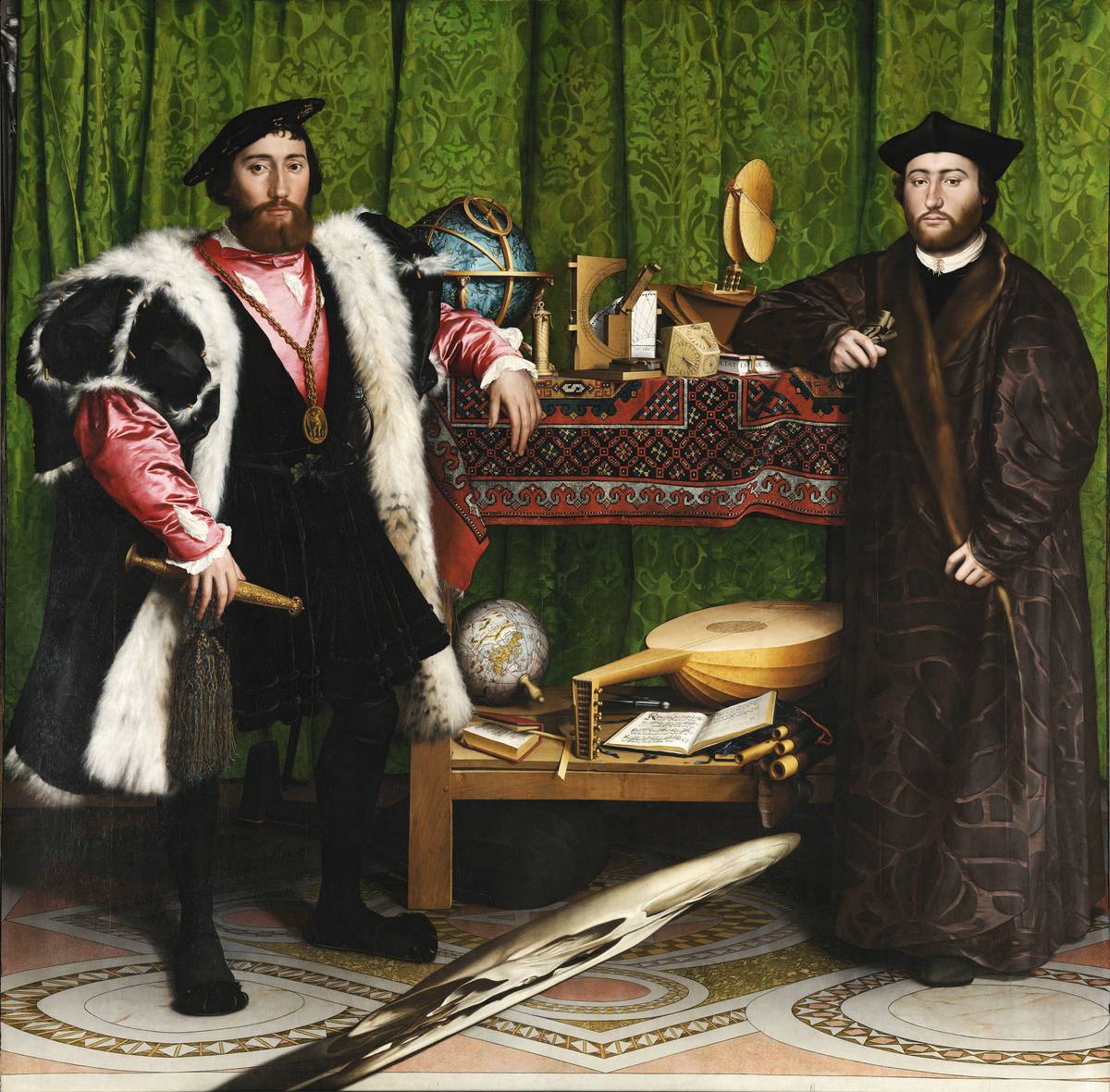 The Ambassadors painting features an odd skull on the bottom.