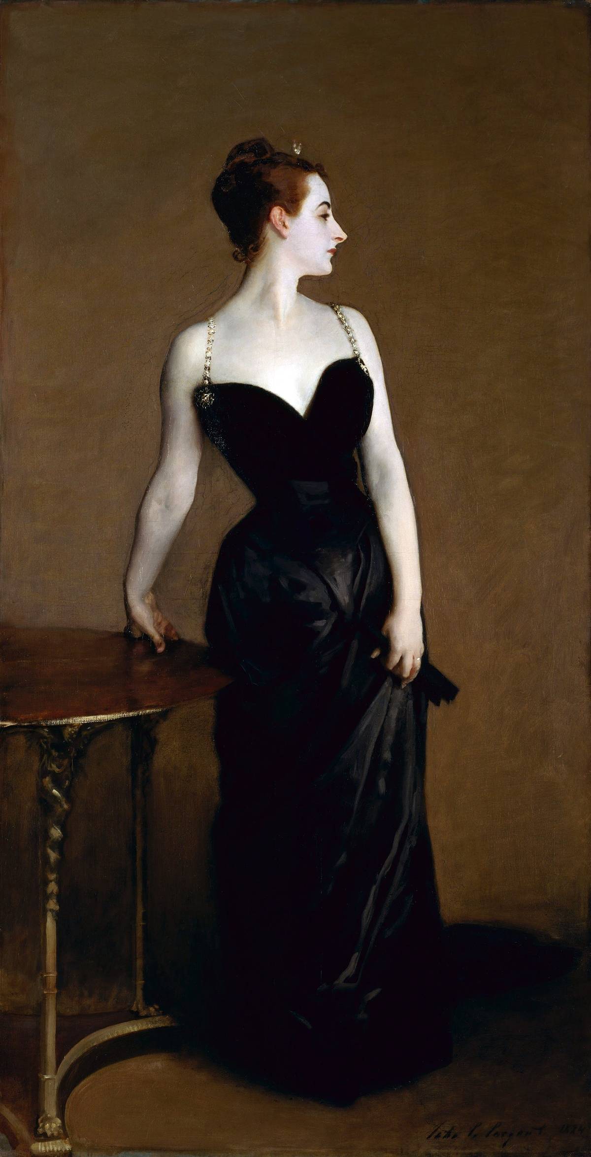 Madame X by John Singer Sargent shows a woman in a black dress with straps.