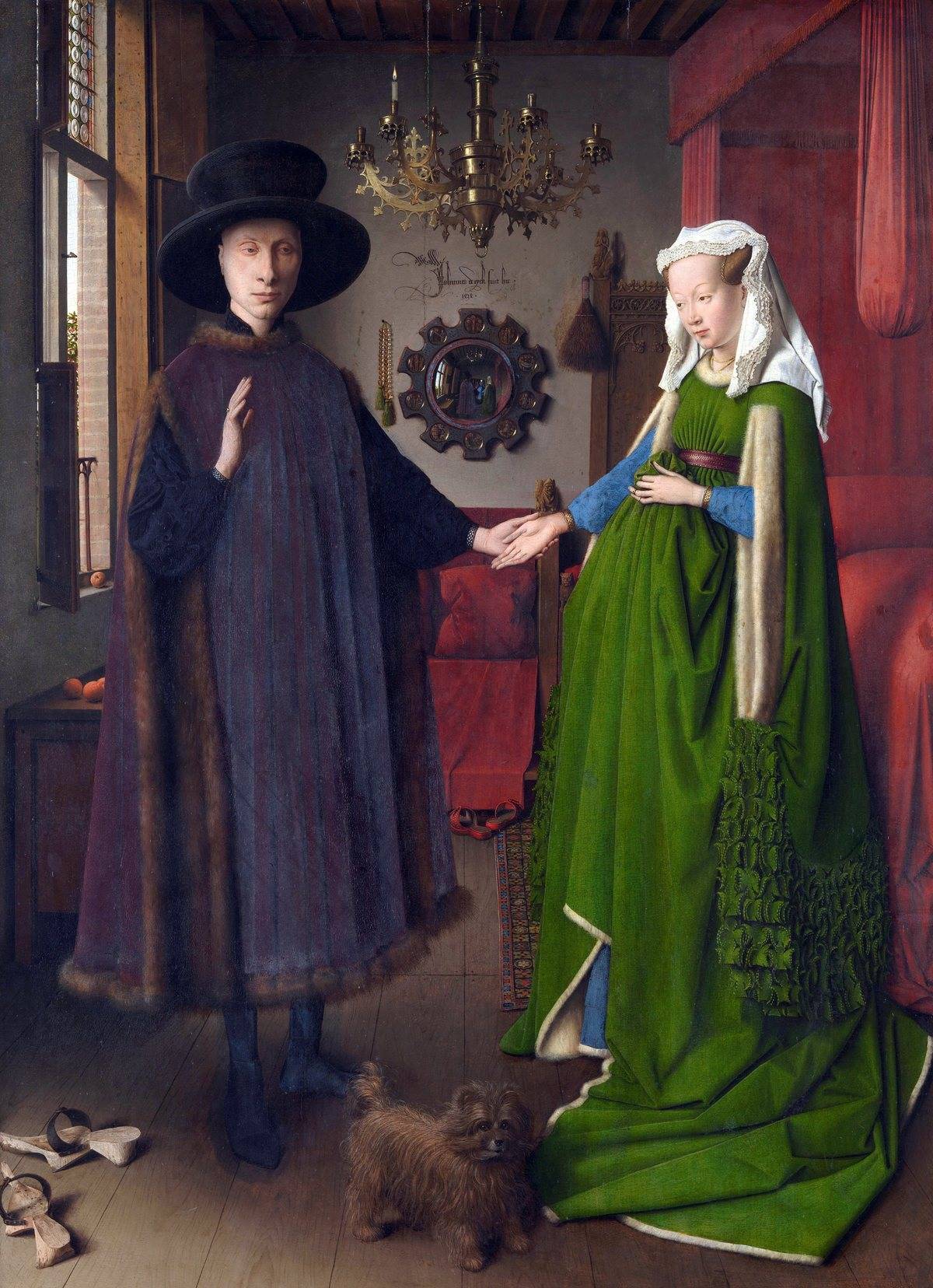 'The Arnolfini Portrait' by Jan van Eyck depicts two people, a dog, and a mirror in the background.