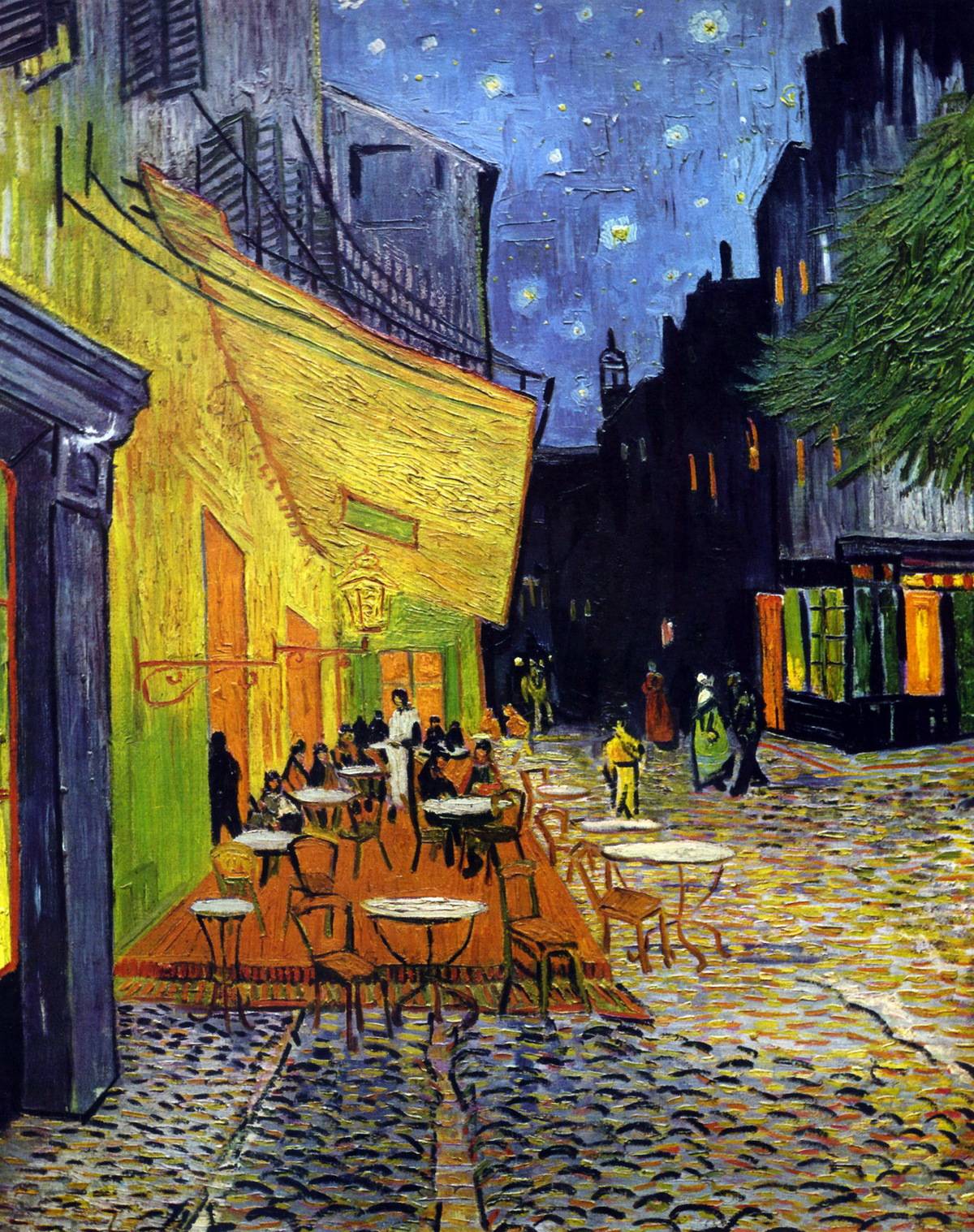 Van Gogh's painting Cafe Terrace at Night shows a waiter at an outdoor cafe.