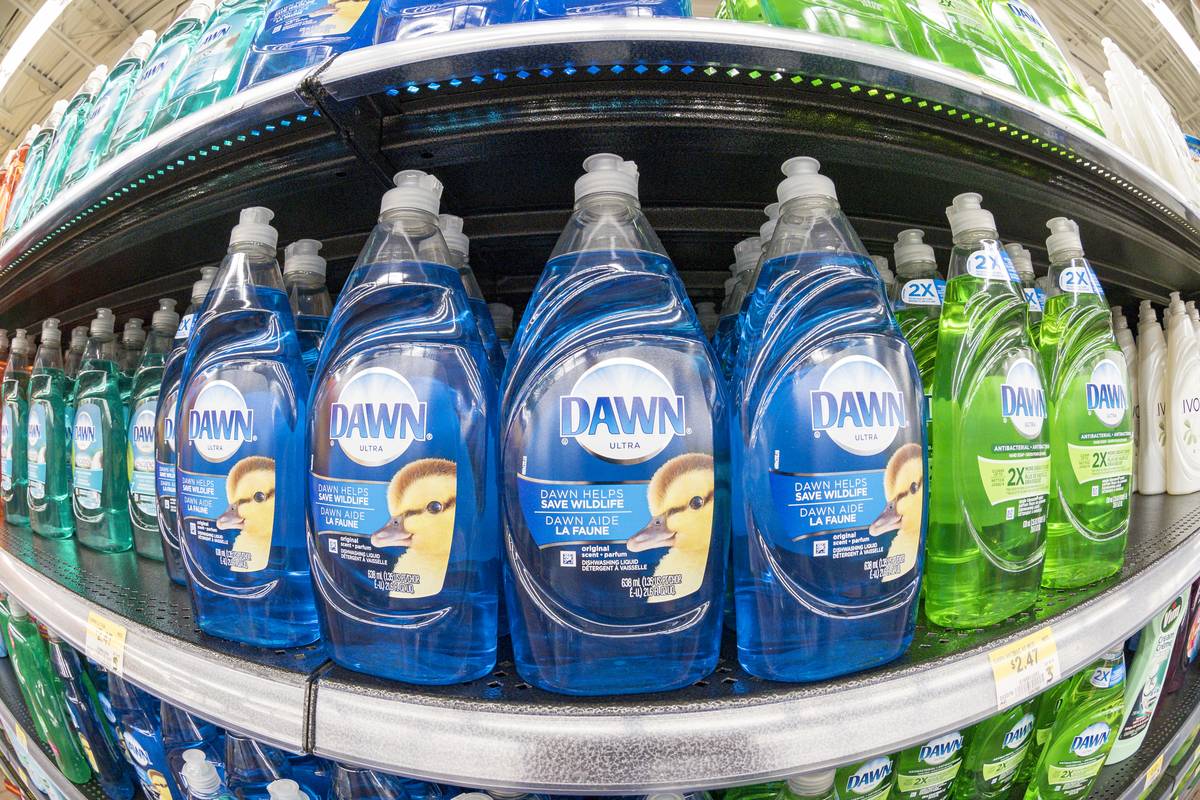 Dawn liquid soap dish washer, arranged on display in a store shelf