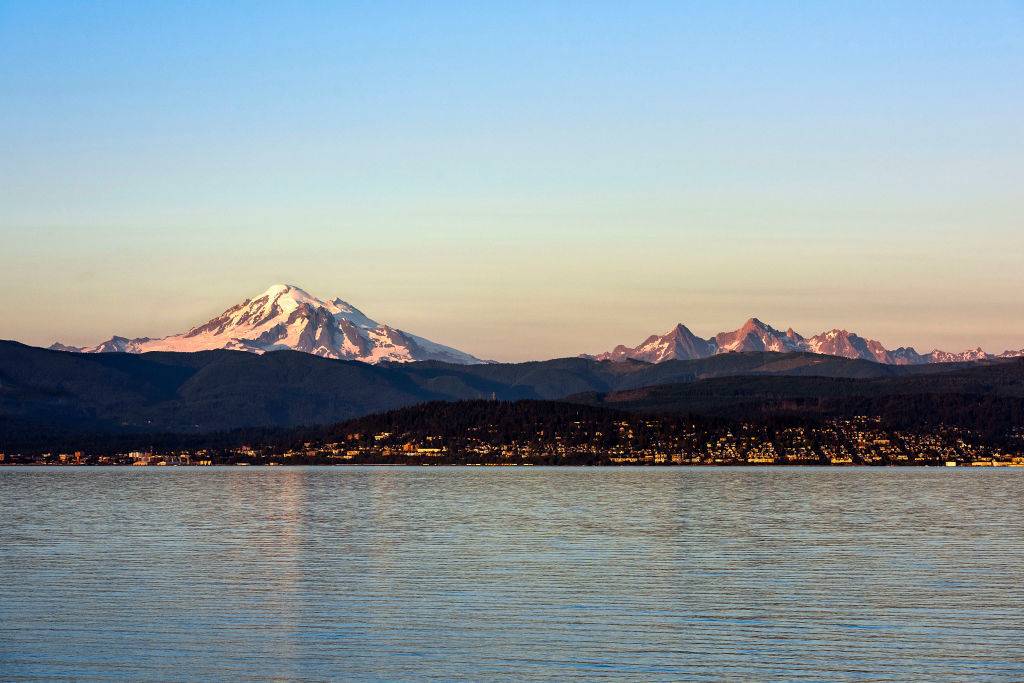 sunset at Mt. Baker with a view of the mountain and water in Bellingham, Washington