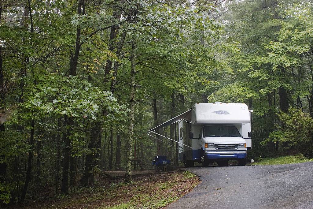 an rv parked in the woods in Blue Ridge, Georgia