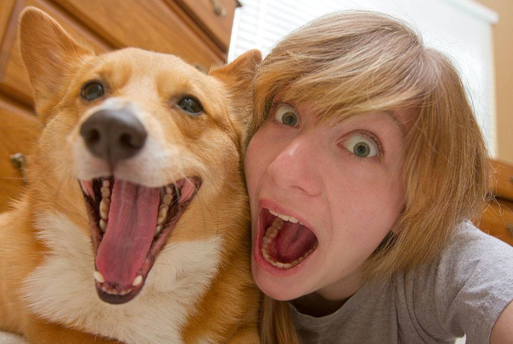 a teen girl and her corgi smiling with their mouths open