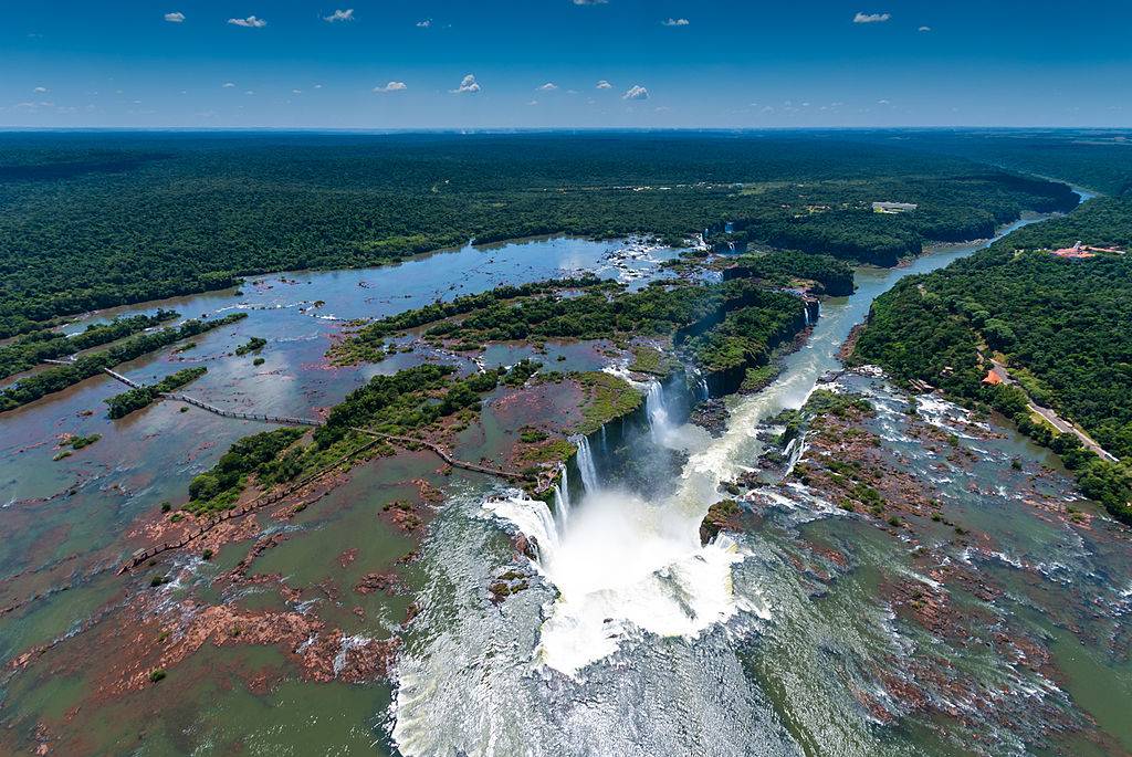 a panoramic shot of the waterfalls at iguazu falls