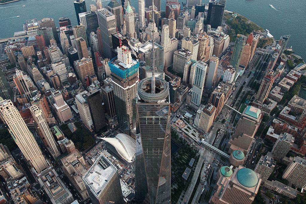 an aerial view of the new york city skyline
