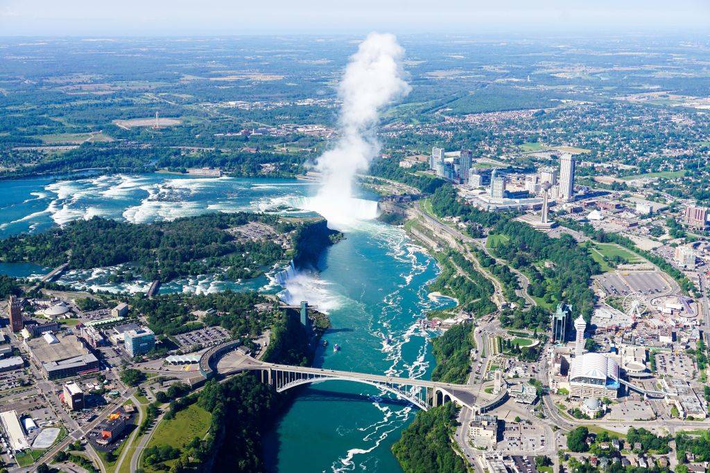 aerial view of niagara falls and a walkway