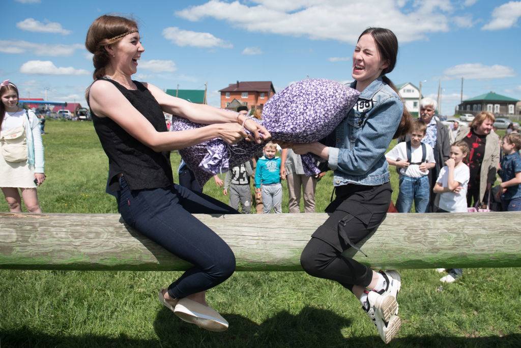 Pillow fight during a Sabantuy folk festival