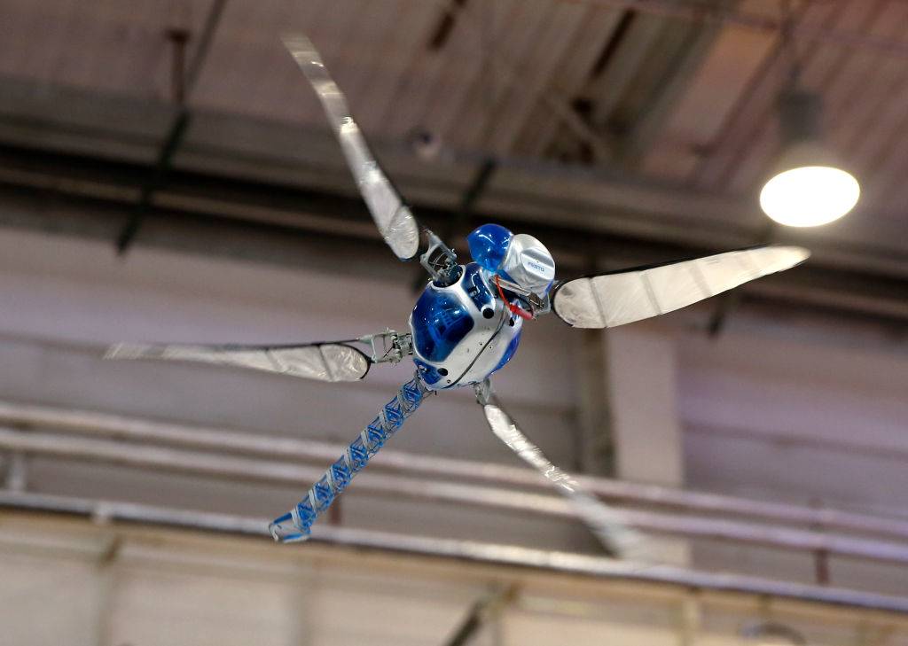 A dragonfly shaped bio-robot flies at the World Robot Conference