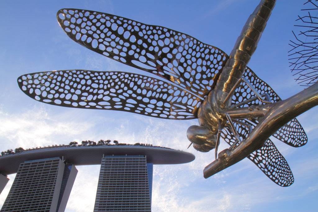 A dragonfly sculpture in front of the Marina Bay Sands hotel.