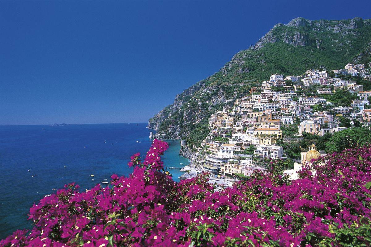positano amalfi coast italy flowers in foreground