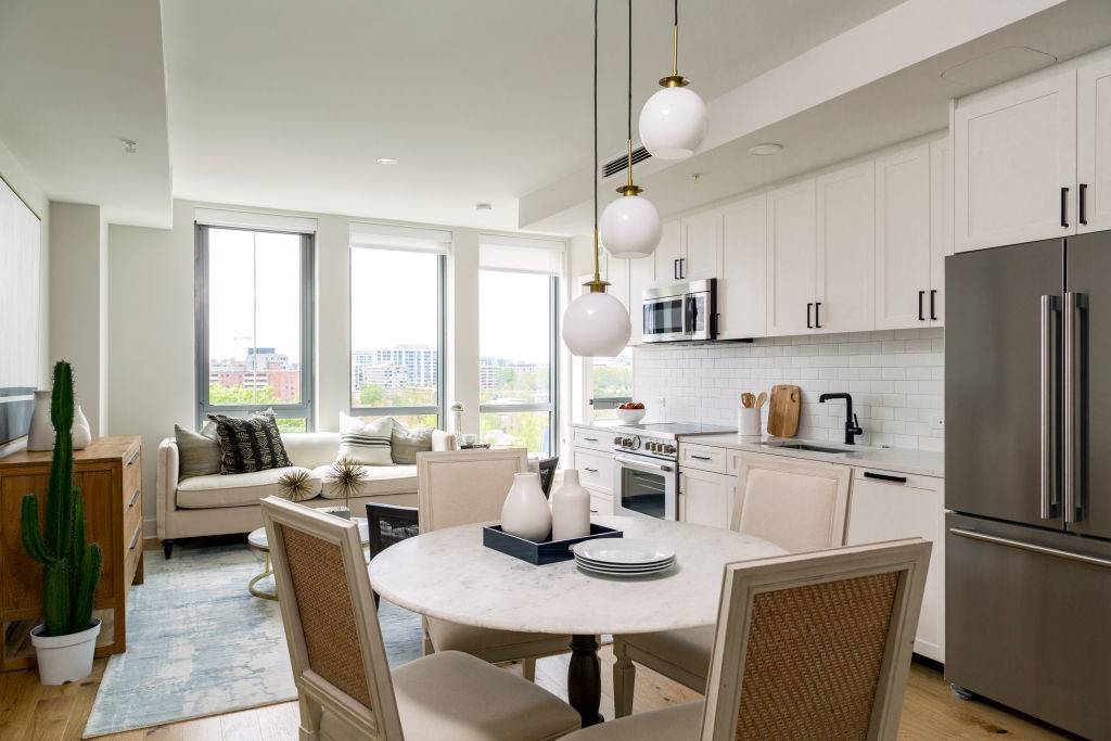 Living area seen from Dining Table in Unit 618 at Avidian on April 14, 2020 in Washington DC.