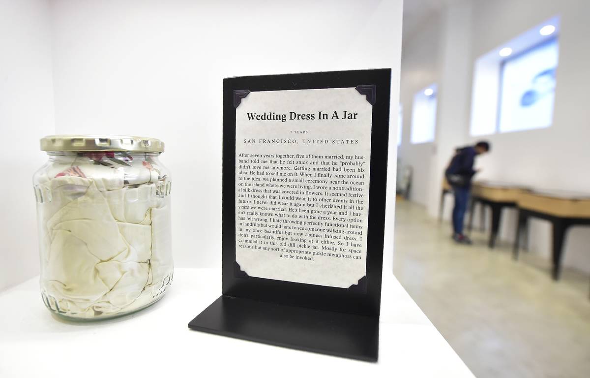 museum of broken relationships wedding dress in a jar