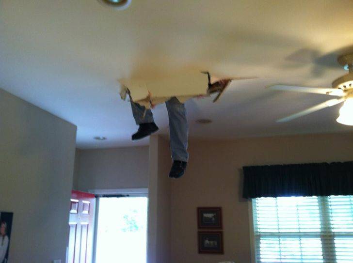 man falling through the ceiling