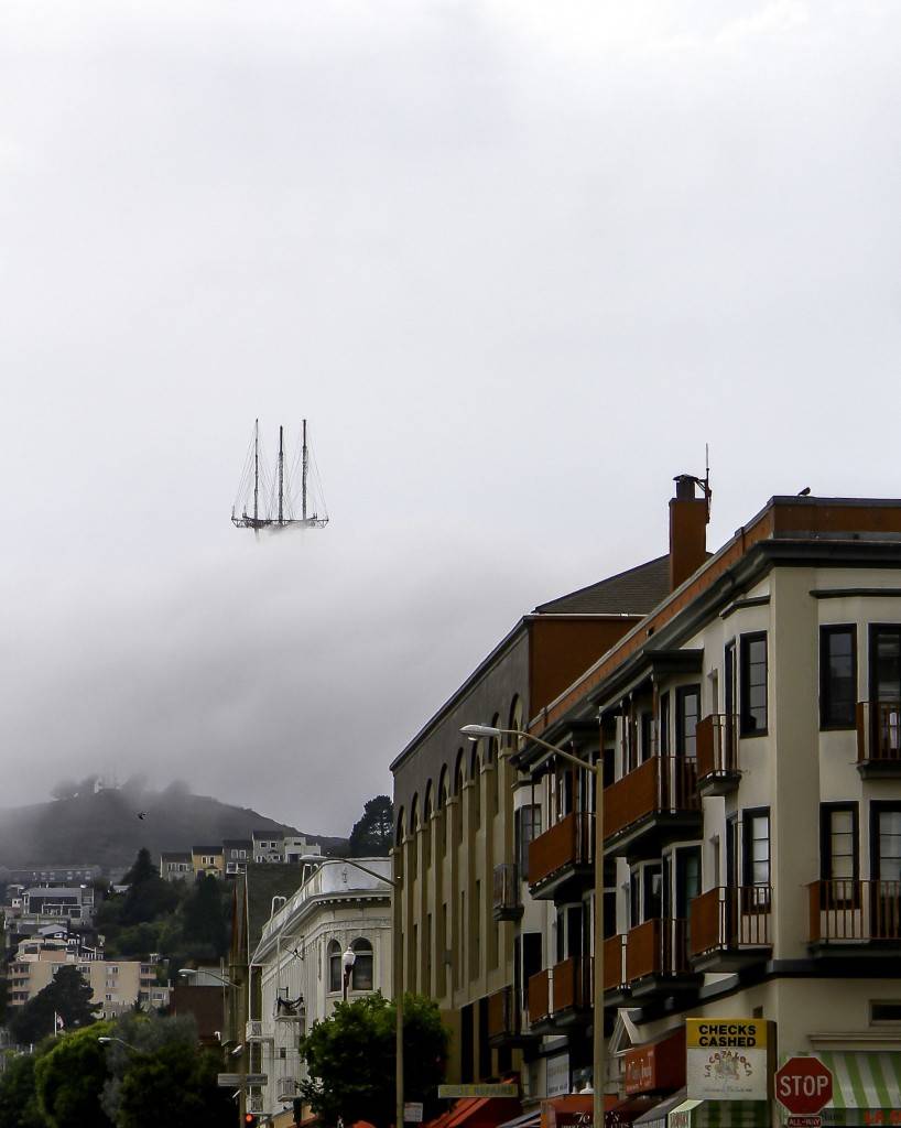 tower hidden in fog that looks like ship