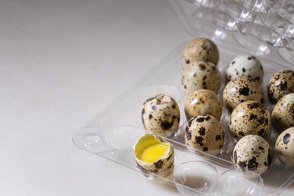 Raw quail eggs are in a plastic container.