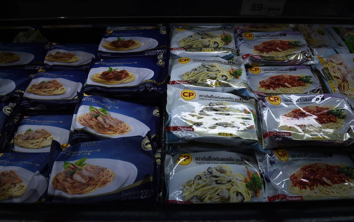 Frozen meals are displayed in a supermarket in Thailand.