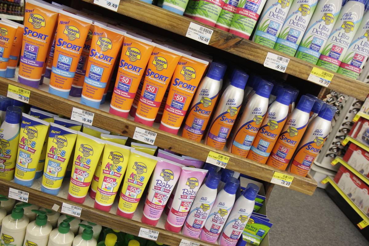 Shelves of sunscreen are seen at CVS Pharmacy.