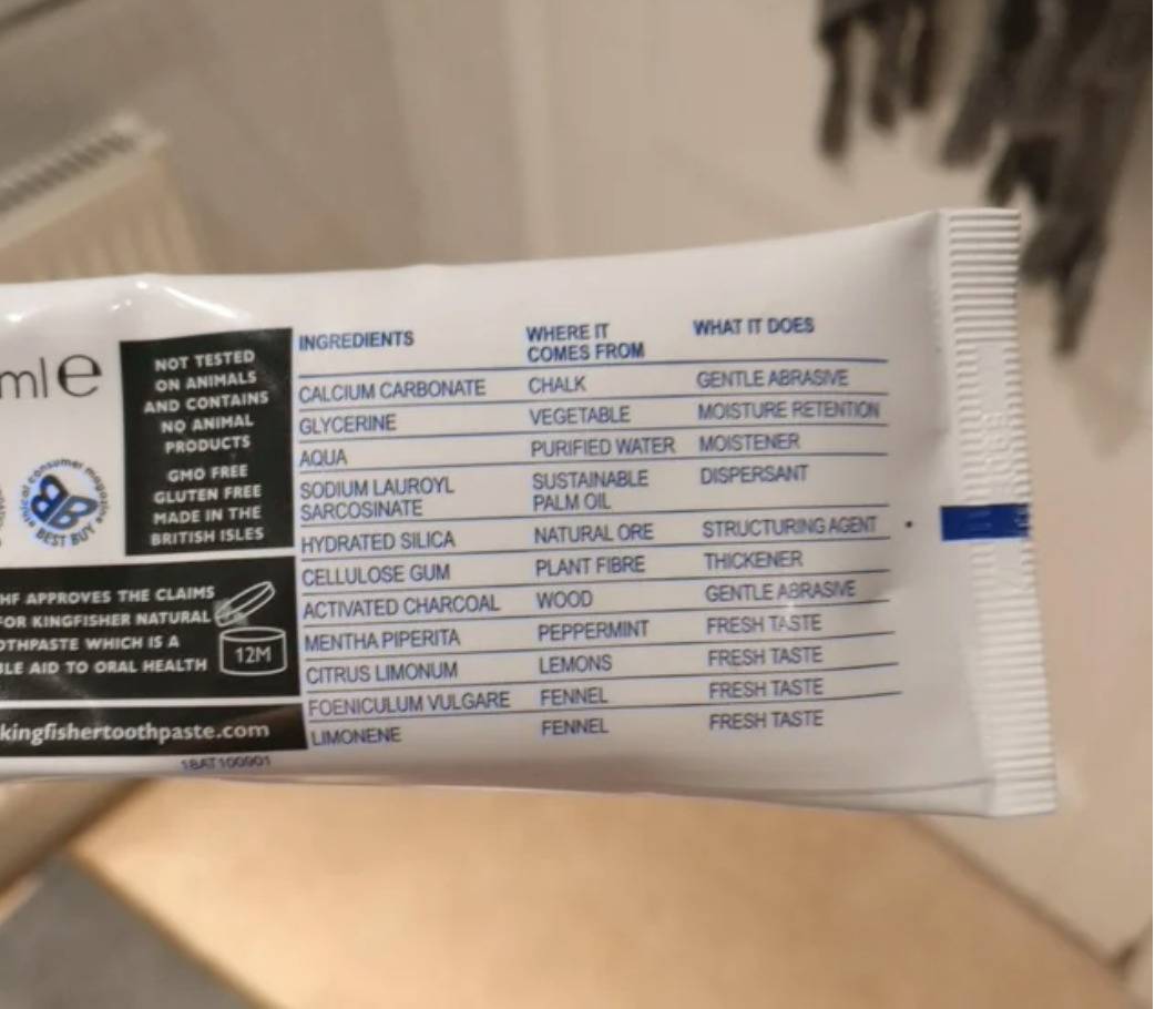 ingredient list of tube of toothpaste explains what each of the ingredients does