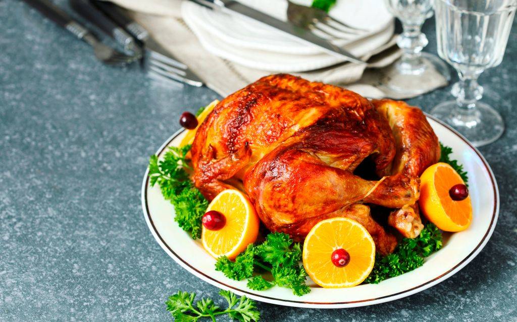 Roasted chicken served with citrus and cranberry on plate