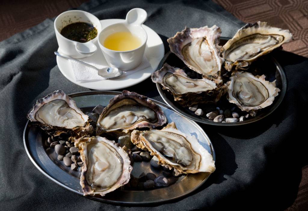 oysters on plates with dipping sauces
