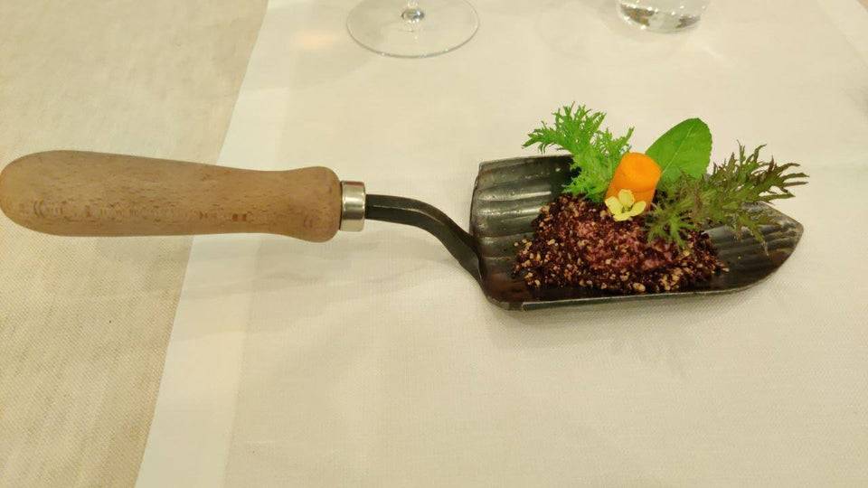 risotto that looks like mud with a carrot sticking out of it, served on a garden spade