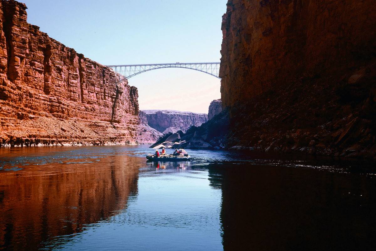 Arizona, Grand Canyon National Park, Colorado River, Rafting under the Original Navajo Bridge over Marble Canyon