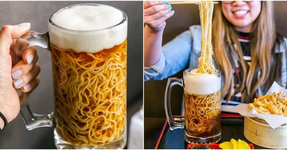 spaghetti served inside beer stein