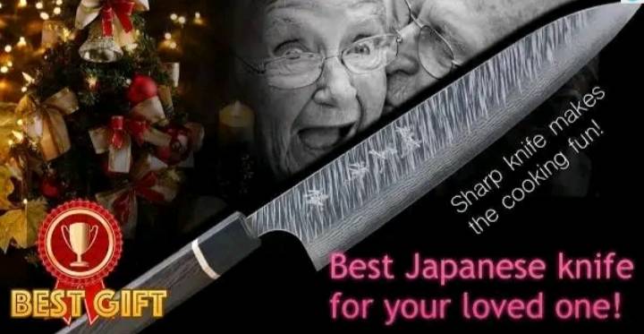 Christmas ad for knives with picture of a grandma screaming (supposed to be in joy, but it looks ominous with the knife)