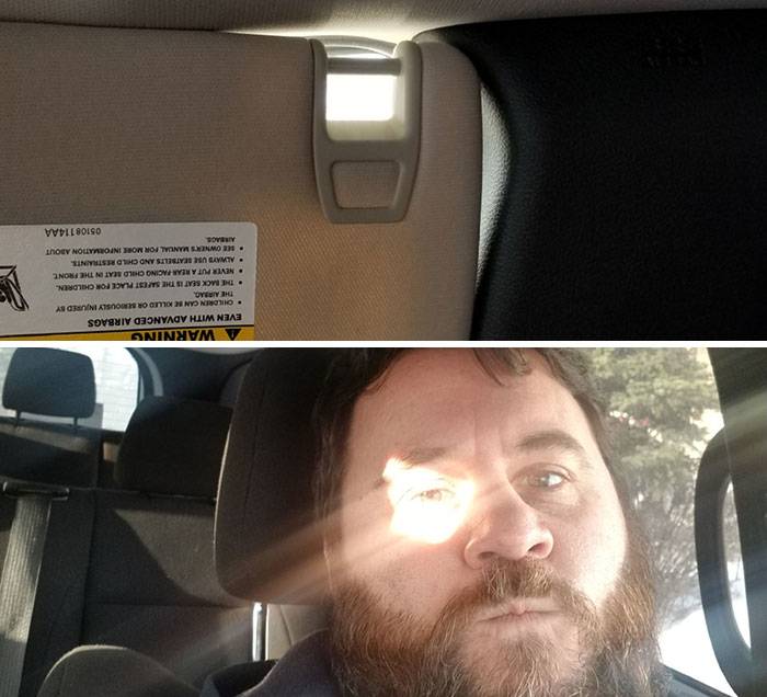 sun hitting man in eye through hole in visor