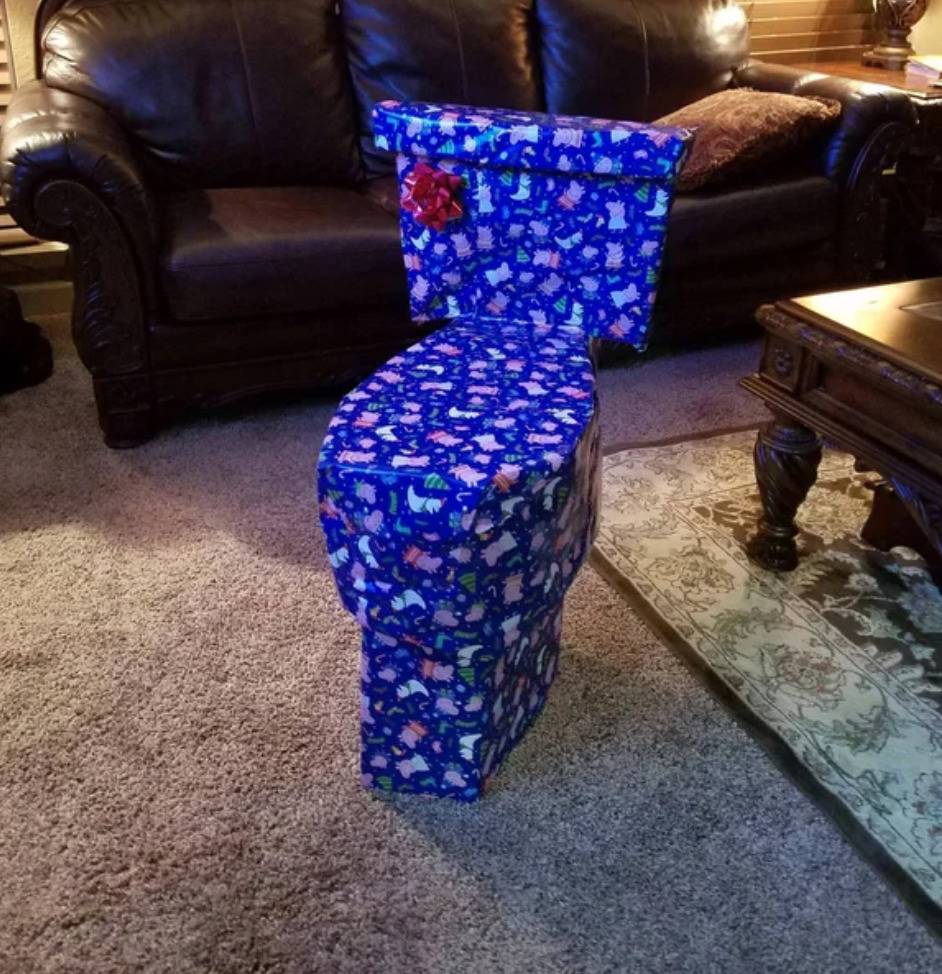toilet-shaped object concealed in wrapping paper 