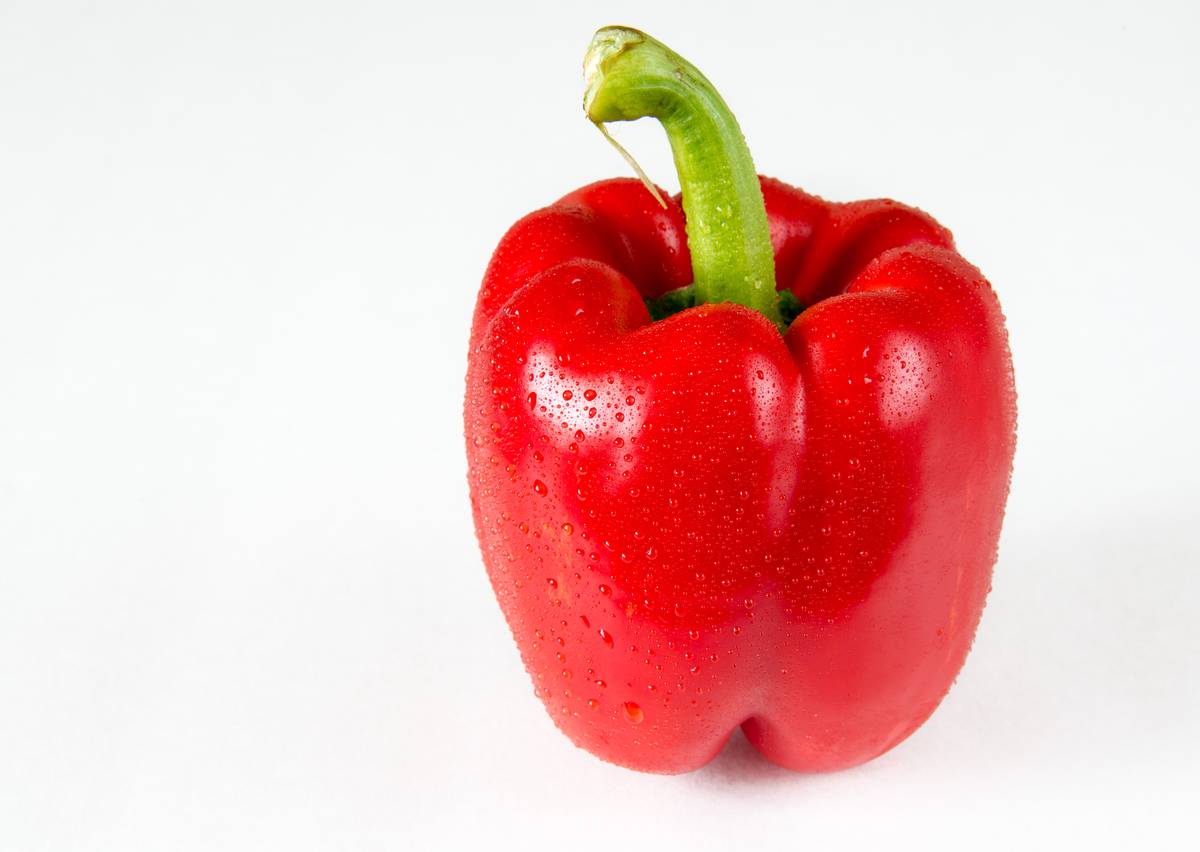 Beautiful red bell pepper with water droplets or condensation and over a white background