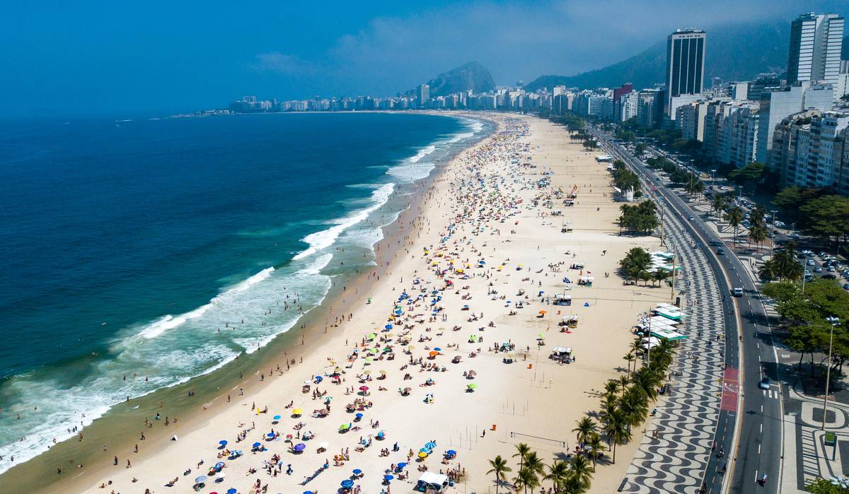 An aerial shot shows beachgoers at Copacabana Beach in Rio de Janeiro, Brazil.