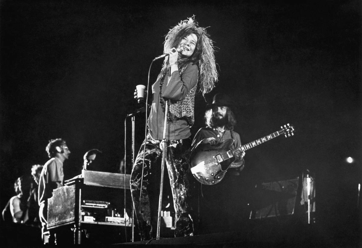 Janis Joplin and her final group, the Full Tilt Boogie Band, perform at the Festival for Peace at Shea Stadium.