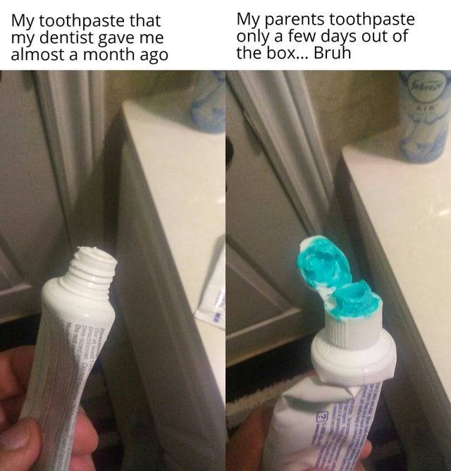 new toothpaste and toothpaste with paste all over cap