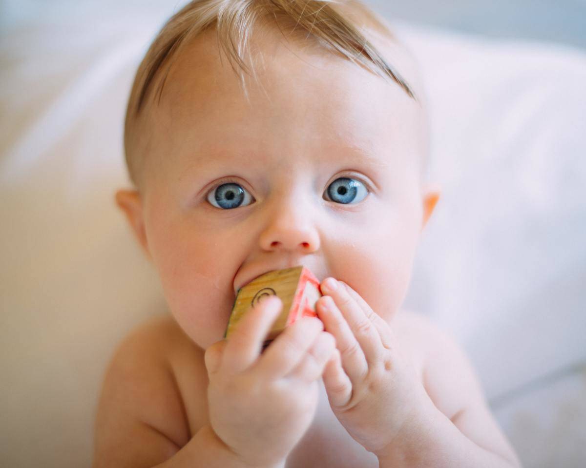 baby with wood block in hands and mouth