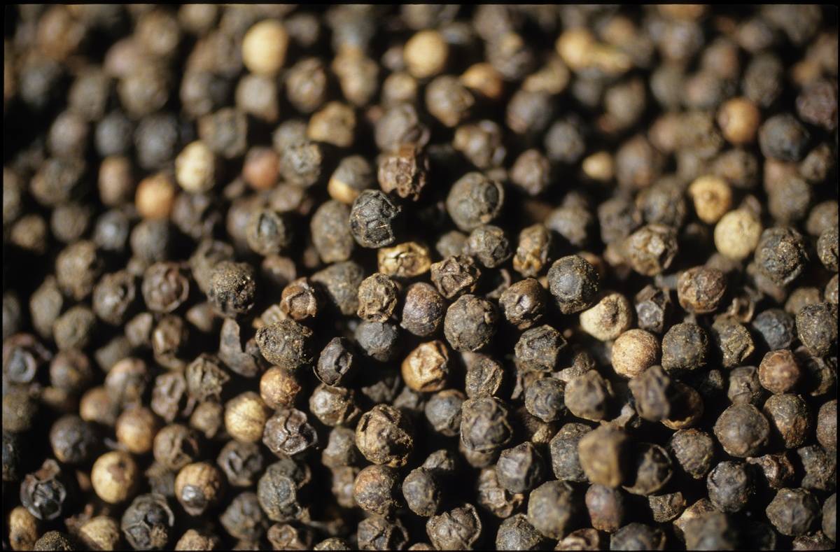 Black peppercorns lie in a large pile.