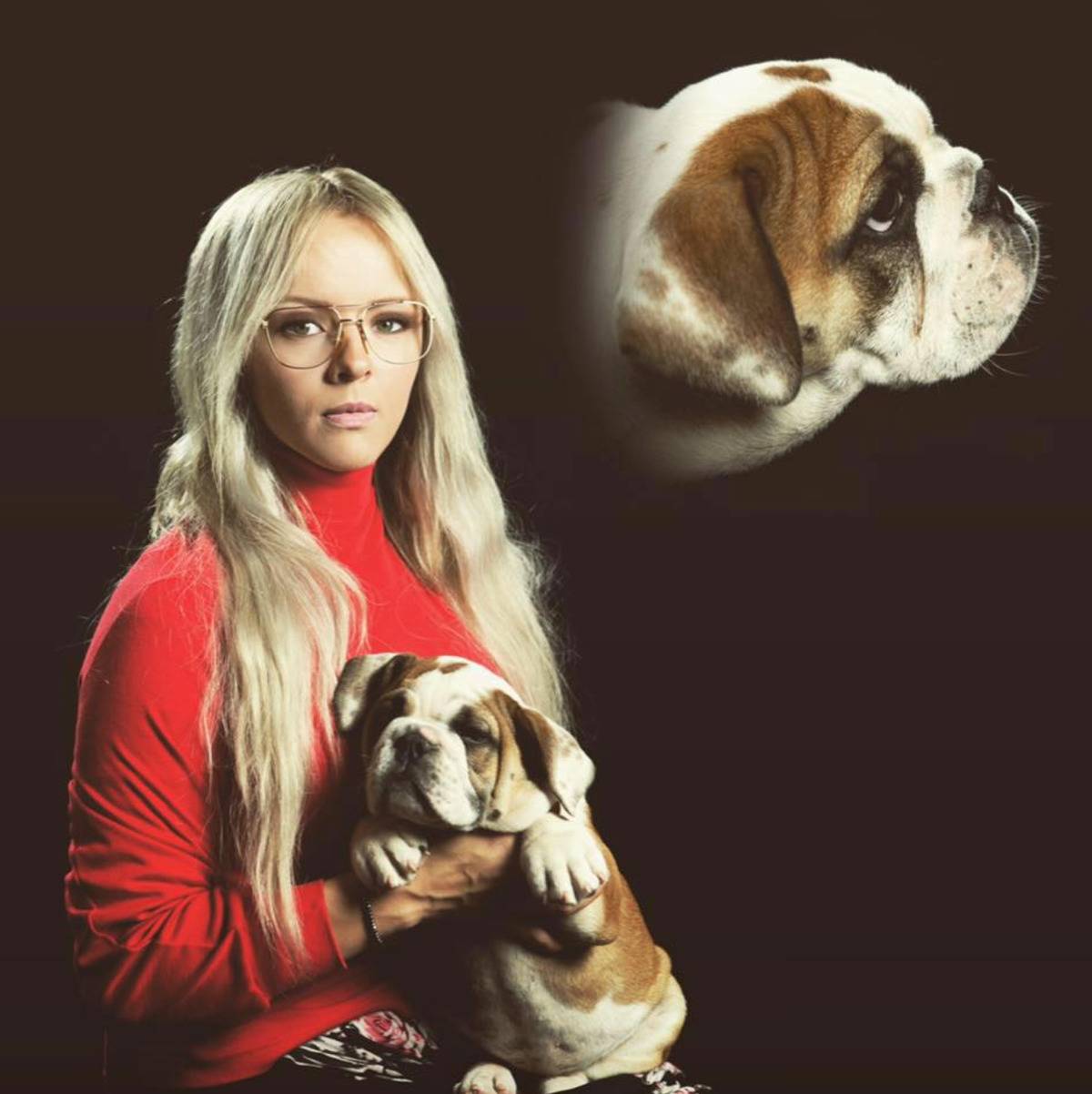 80s style christmas card of woman holding dog