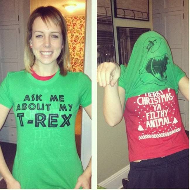 t-rex t-shirt that has hidden face on inside of shirt to wear