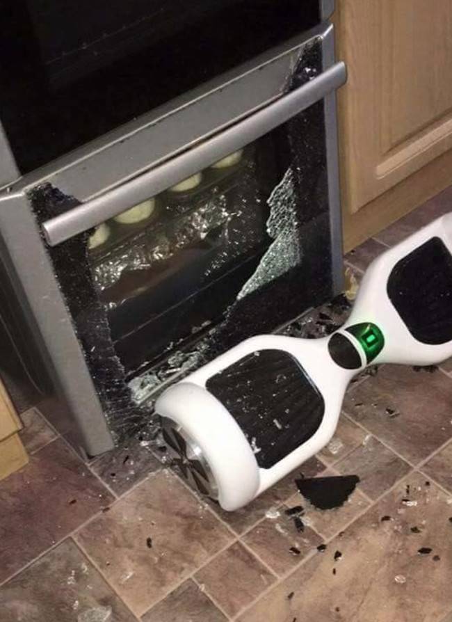 brand new hoverboard smashed into oven and broken door