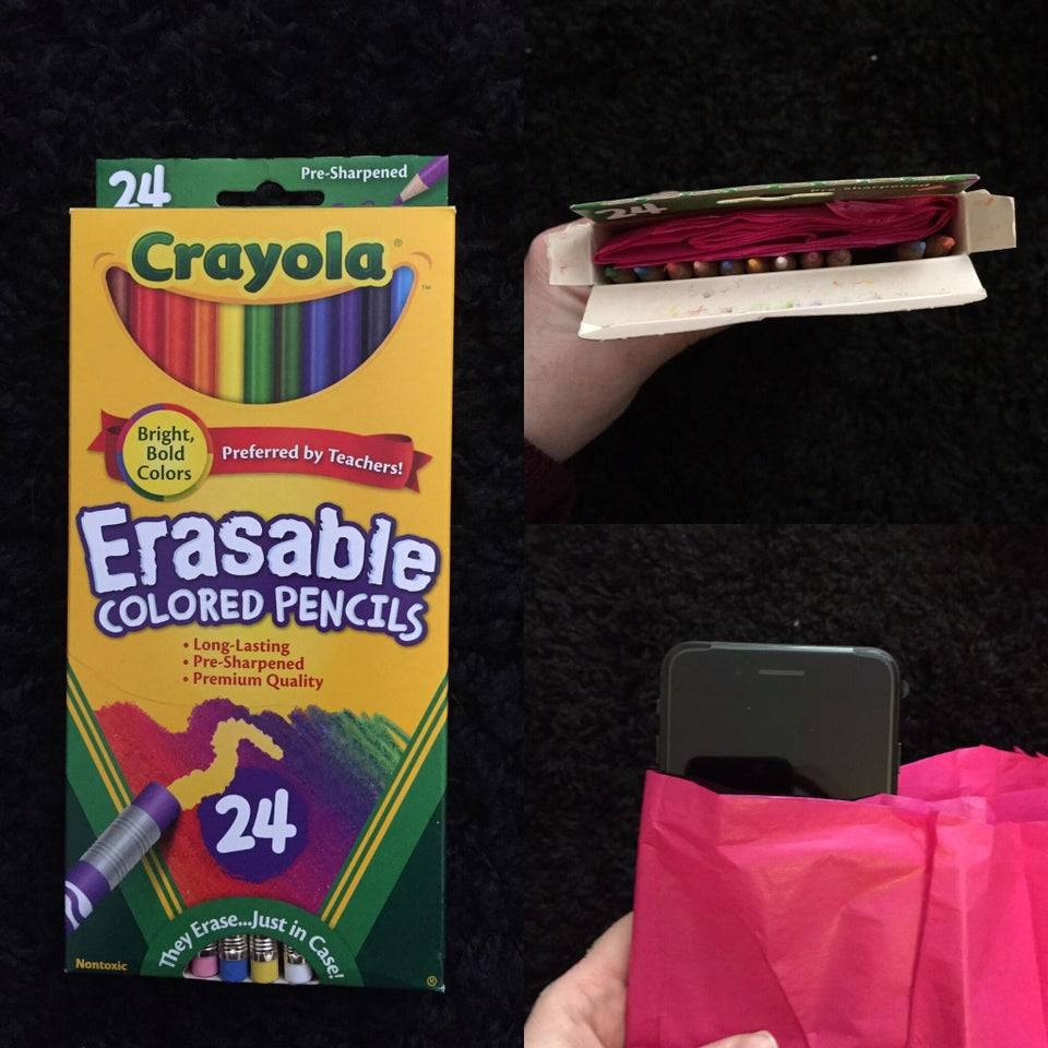 iphone present hidden in box of colored pencils