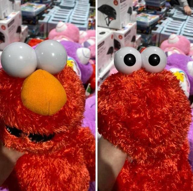 elmo toy with backwards eyes