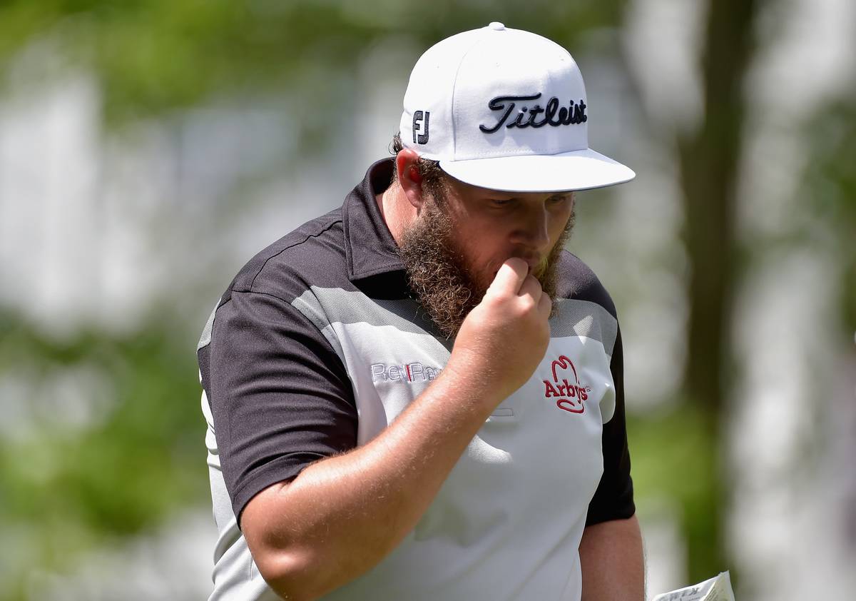 SPRINGFIELD, NJ - JULY 29: Andrew 'Beef' Johnston of England is seen eating beef jerky on the third hole during the second round of the 2016 PGA Championship at Baltusrol Golf Club on July 29, 2016 in Springfield, New Jersey.