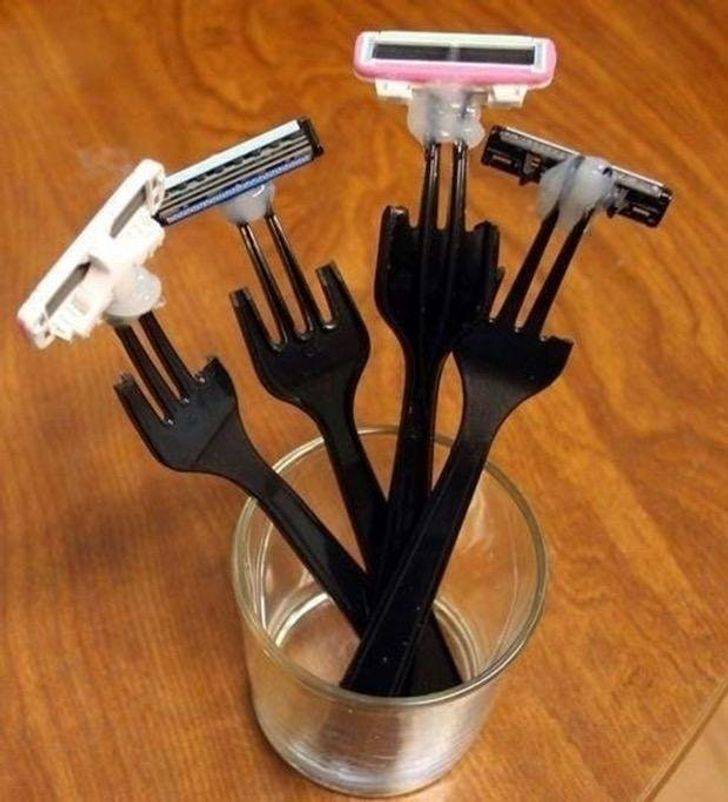 razor heads glued to plastic forks